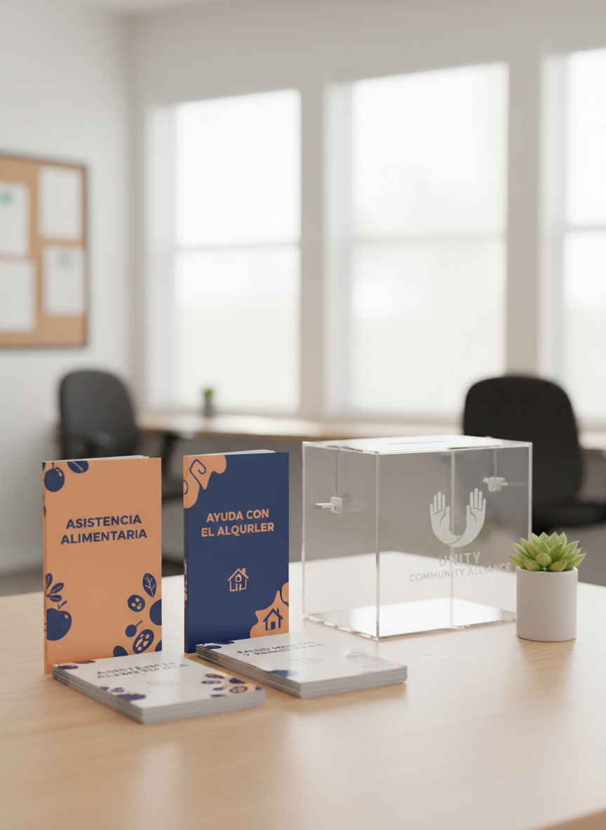 A close-up of a carefully assembled family support information table, featuring neatly stacked brochures in Spanish about food assistance, rental help, and mental health resources, all printed in clean, professional typography with warm, reassuring colors like deep blue and soft orange. A small, potted green plant in a simple white ceramic pot adds life to the scene, placed beside a clear acrylic donation box with a subtle Unity Community Alliance logo. The table surface is a smooth light wood, set in a bright community office with diffused daylight from large windows. Photographic realism, shallow depth of field that keeps the brochures in crisp focus while softly blurring the background, creating an atmosphere of hope, clarity, and organized support.