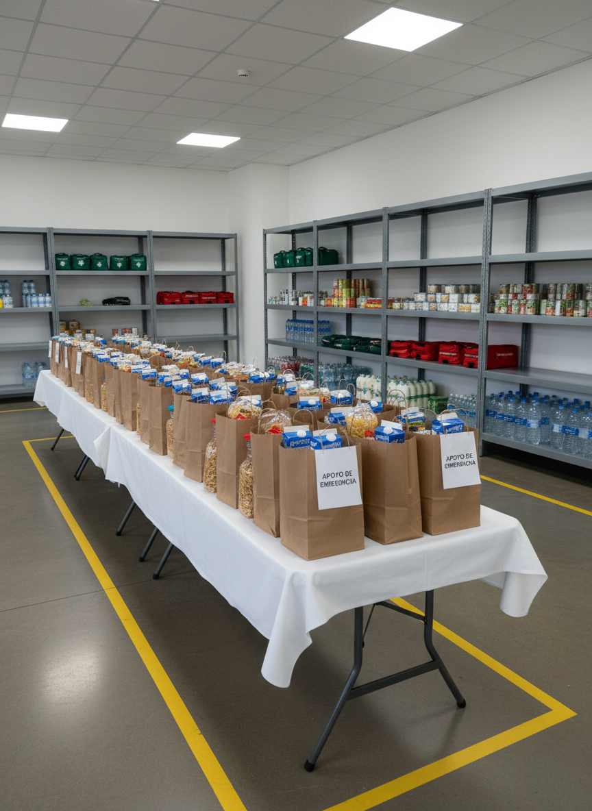 A long folding table covered with a spotless white tablecloth, carefully arranged with brown paper grocery bags, each bag neatly filled with staple foods like pasta, beans, and boxed milk, their tops folded and labeled with printed tags reading “apoyo de emergencia.” Behind the table, tall metal shelving units hold additional food supplies and emergency kits. The space is a modest but tidy storage room with smooth concrete floors and clearly marked aisles. Overhead fluorescent lights provide even, neutral illumination, minimizing shadows and highlighting orderly rows. Shot in photographic realism from a slightly elevated angle, the composition uses leading lines of the shelves and table to create a sense of structure, preparedness, and reliable community assistance.