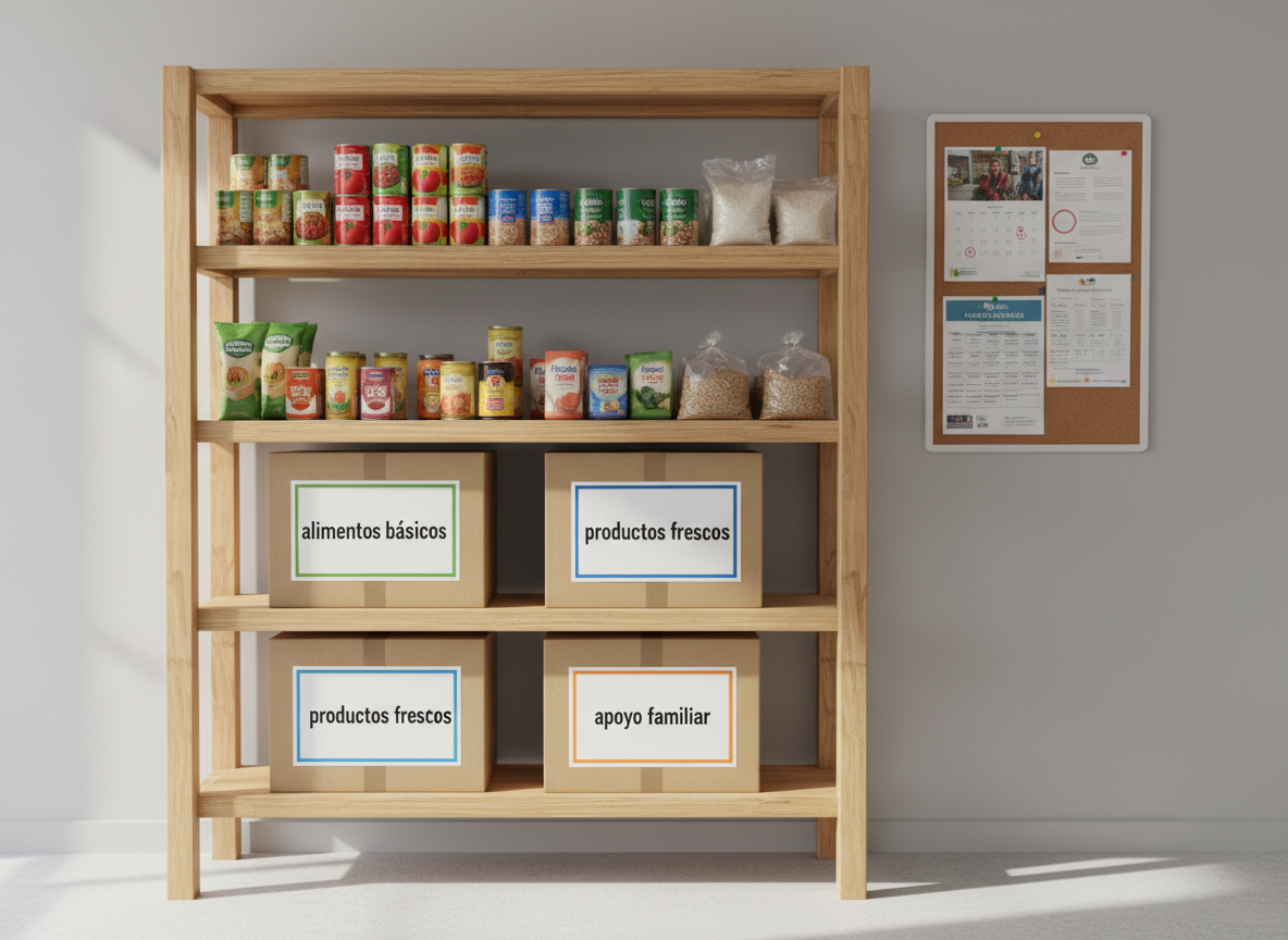 A sturdy wooden community food pantry shelf, neatly organized with colorful canned goods, rice bags, and labeled cardboard boxes, each marked with clear, professional stickers in Spanish indicating “alimentos básicos,” “productos frescos,” and “apoyo familiar.” The shelf stands against a freshly painted light-gray wall, beside a simple bulletin board filled with printed flyers and calendars. Soft afternoon natural light enters from an unseen window to the left, casting gentle shadows and creating a calm, welcoming atmosphere. Photographic realism, eye-level composition with sharp focus throughout, capturing a clean and modern nonprofit setting that feels trustworthy and organized, emphasizing dignity and care in community support without showing any people.